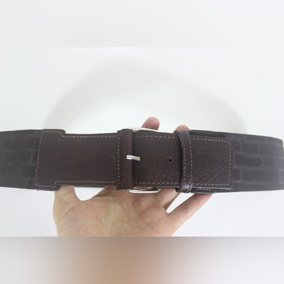 31”-33”+ Stretch Wide Dark Brown Italian Leather Belt with Silver and Leather - Picture 3 of 7